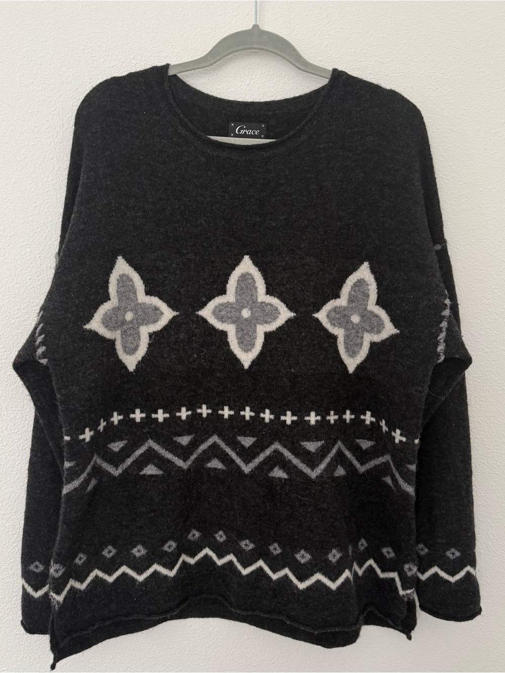 German Brand GRACE Oversized Fair Isle Cozy Wool Alpaca Knit Pullover Sweater M